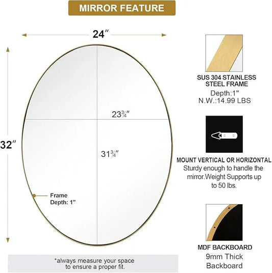 ANDY STAR Gold Oval Mirrors for Bathroom, 24x32 Inch Brushed Gold Stainless Steel Metal Framed Oval Wall Mirror, Modern Brass Vanity Mirror Pill Shaped Mirror - ModernBath