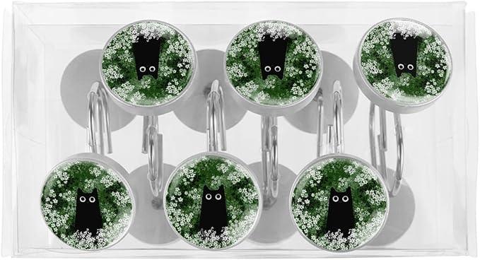 12 Packs Black Cat Floral Shower Curtain Hooks, Stainless Steel Glass Shower Curtain Rings for Bathroom, Rustproof Metal Curtain Rod Hooks - ModernBath
