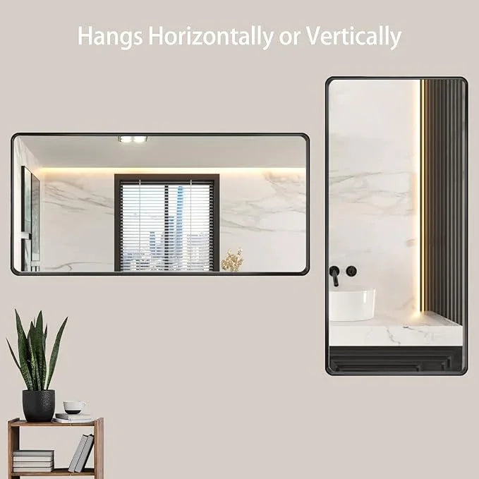 LOAAO 60X28 Inch Black Metal Framed Bathroom Mirror for Wall, Matte Black Bathroom Vanity Mirror Farmhouse, Large Rounded Rectangle Mirror, Anti-Rust, Tempered Glass, Hangs Horizontally or Vertically - ModernBath
