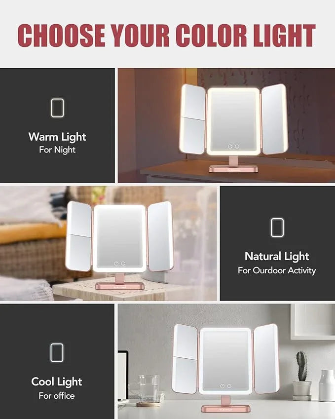 EASEHOLD Rechargable Makeup Mirror Vanity Mirror with Lights, 5000Mah & USB Cable, 112 LEDs Lighted Trifold Mirror with 1X 2X 3X 10X Magnification, Smart Touch, Portable Cosmetic Beauty Mirror - ModernBath