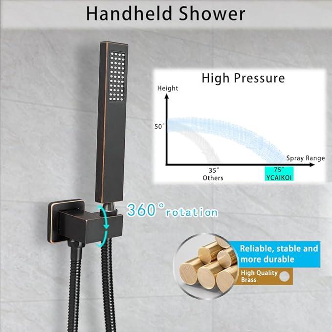 Oil Rubbed Bronze Shower System YCAIKOI Wall Mount Shower Faucet Set for Bathroom 10 Inch High Pressure Luxury Shower Head with Handheld, Rough-in Valve Body and Trim Included - ModernBath