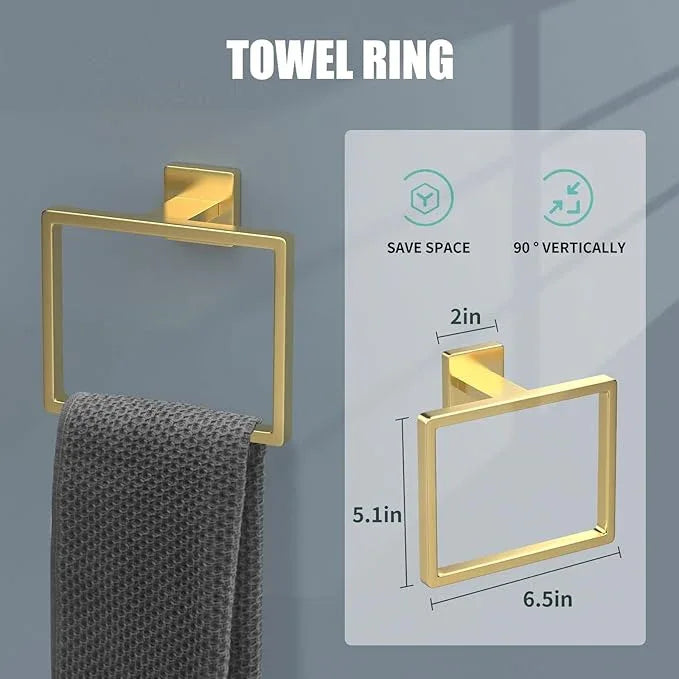5 Piece Gold Towel Bar Set Bathroom Hardware Set Gold Bathroom Accessories Set with 2 Towel Hook, Stainless Steel Wall Mounted Bathroom Towel Rack Set Square 16-Inch - ModernBath