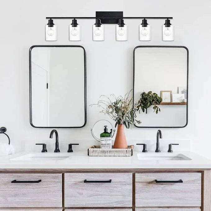 VINLUZ Bathroom Vanity Light Fixtures,6 Light Matte Black Modern Metal Base Wall Sconce Lighting with Clear Glass Shade Wall Mounted Lamp for Mirror - ModernBath
