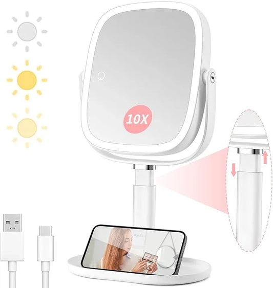 Lighted Makeup Mirror, 2600mAh Rechargeable 1x/10x Magnifying Vanity Mirror, 8.5" Height Adjustable Makeup Mirror with Lights 3 Color, 360° Rotation 2-Sided Light up Large Desk Mirror, Gifts for Women - ModernBath