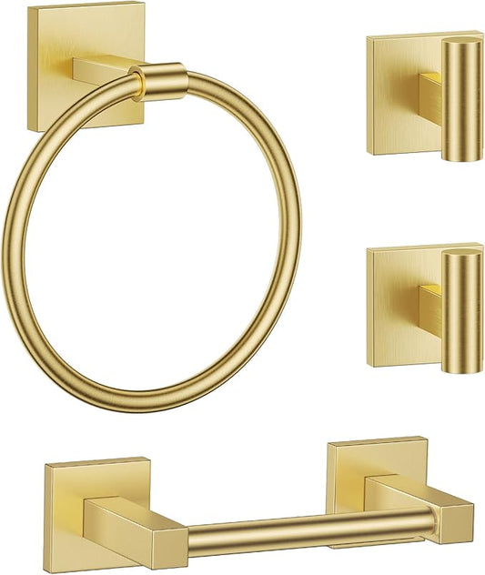 Towel Ring Set 4 Piece Bathroom Hardware Set Includes Towel Ring 2 Towel Hooks and Toilet Paper Holder Stainless Steel Wall Mounted (Brushed Gold)