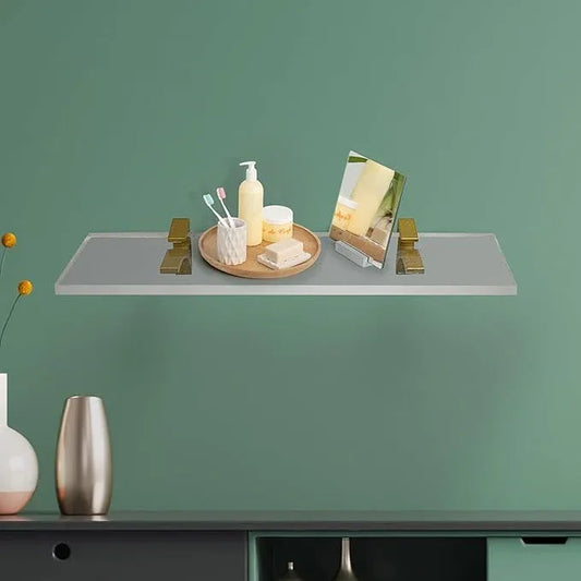 Clear Acrylic Shelves 6" W x 16.5 L, 3/4" Thick Wall Mounted Transparent Acrylic Shelves for Bedroom, Living Room, Bathroom, Kitchen -‎ Brass Brackets, Pack of 2 - ModernBath