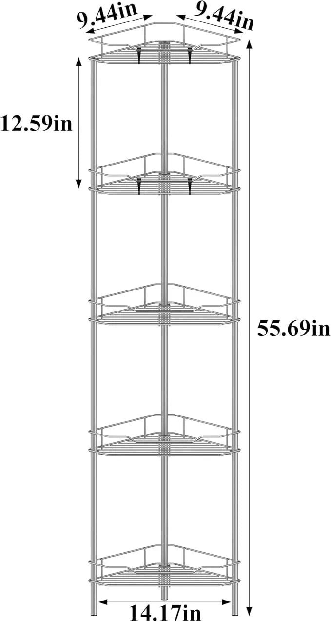 5 Tier Floor Standing Corner Shower Caddy Organizer Shelf with Hooks, Bathroom Shelves Stand Rack, Gray - ModernBath