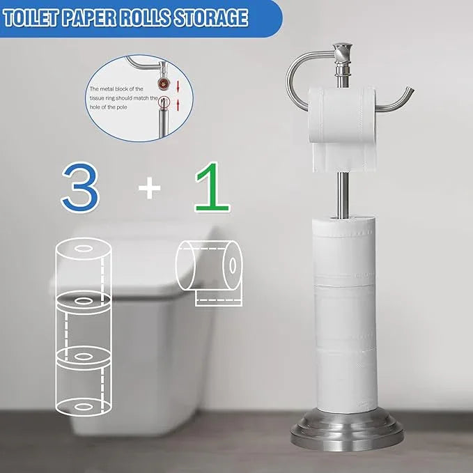 RUMOSE Toilet Paper Holder Stand for Floor, Brushed Nickel Adjustable (12.4" to 22.8") Bathroom Toilet Tissue Holder, Free Standing Toilet Paper Roll Holder with Storage, Stainless Steel - ModernBath