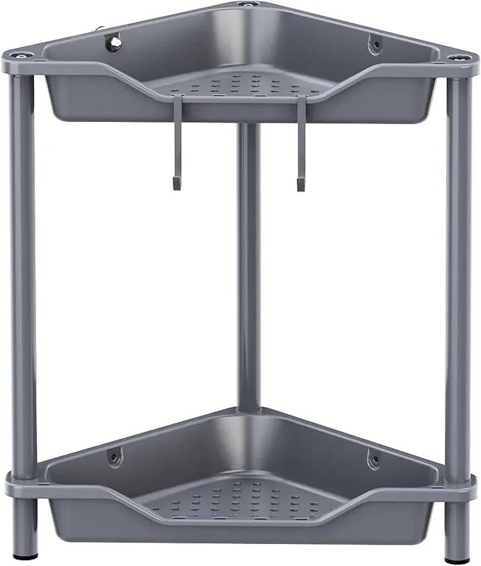 Orimade Rustproof 2 Tier Floor Standing Corner Shower Caddy Organizer, Plastic Metal Splicing Floor Corner Shelf Rack Stands for Bathroom, Grey - ModernBath