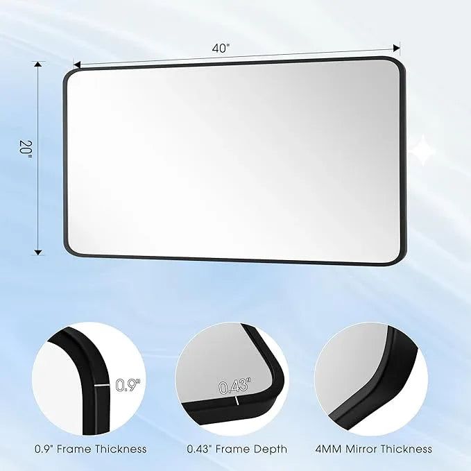 Bonverre 20x40 Inch Rectangle Bathroom Mirror with Black Metal Frame, Rounded Corner Rectangular Vanity Mirror for Wall, Modern Large for Bedroom, Living Room, Horizontal or Vertical - ModernBath