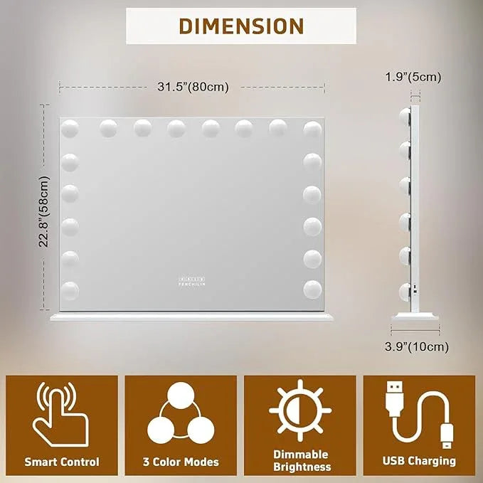 FENCHILIN Vanity Mirror with Lights 32''x23'' Tempered Glass Large Hollywood Mirror with 18 Dimmable Bulbs for Makeup Table/Hanging Bluetooth Speaker Mirror with Touch Screen & USB Charge Port - ModernBath