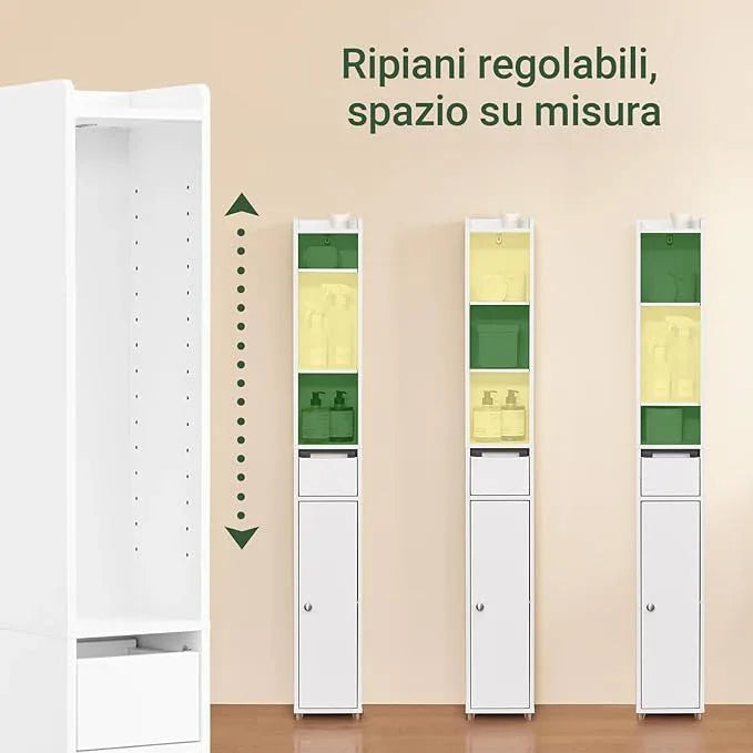 SoBuy Narrow Bathroom Storage Cabinet, Tall Slim Bathroom Organizer Cabinet with Adjustable Shelves, Skinny Freestanding Corner Cupboard for Small Spaces, White, BZR34-K-W - ModernBath