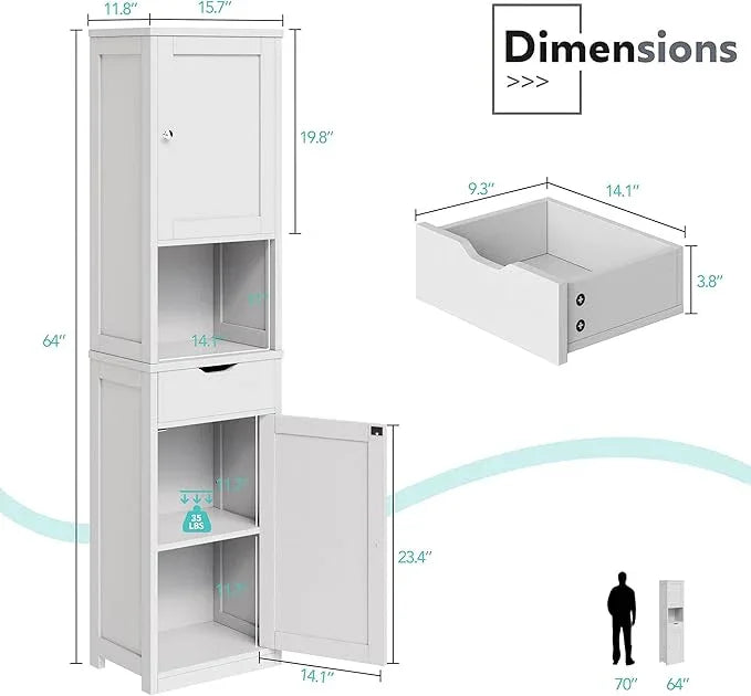 Vongrasig Tall Bathroom Storage Cabinet, 64”H Narrow Storage Unit for Small Spaces, Freestanding Modern Cabinet with Adjustable Shelves for Bathroom, Living Room, Kitchen, White - ModernBath