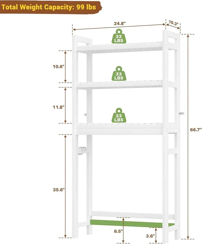 Homykic Over The Toilet Storage, Bamboo 3-Tier Over Toilet Bathroom Organizer with 3 Hooks, Freestanding Bathroom Shelves, Bathroom Organizer and Storage, Easy to Assemble, White - ModernBath