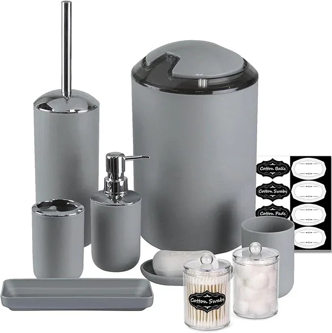IMAVO Bathroom Accessories Set,Grey Bathroom Set,9 Pieces Bathroom Accessory Set,Tray,Qtip Holders,Toilet Brush,Trash Can for Bathroom Décor and Home Gifts - ModernBath