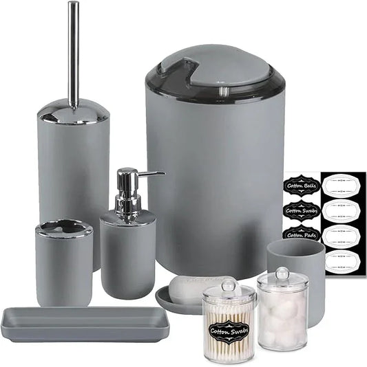 IMAVO Bathroom Accessories Set,Grey Bathroom Set,9 Pieces Bathroom Accessory Set,Tray,Qtip Holders,Toilet Brush,Trash Can for Bathroom Décor and Home Gifts - ModernBath
