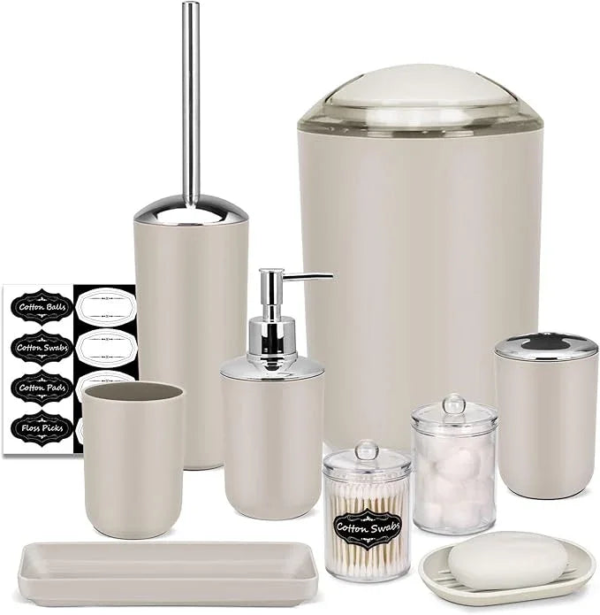 IMAVO Bathroom Accessories Set,Beige Bathroom Set,9 Pieces Bathroom Accessory Set,Tray,Qtip Holders,Toilet Brush,Trash Can for Bathroom Décor and Home Gifts - ModernBath