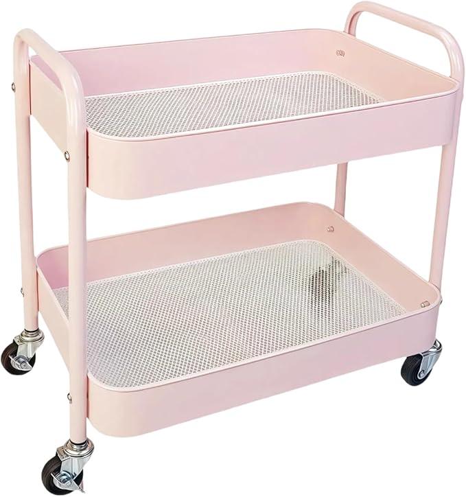 2 Tier Pink Rolling Cart with Wheels for Under Desk Storage, Large Capacity Rolling Pantry & Kitchen Storage Cart for Small Space, Sturdy Metal Bathroom Shelf Laundry Room Organization - ModernBath