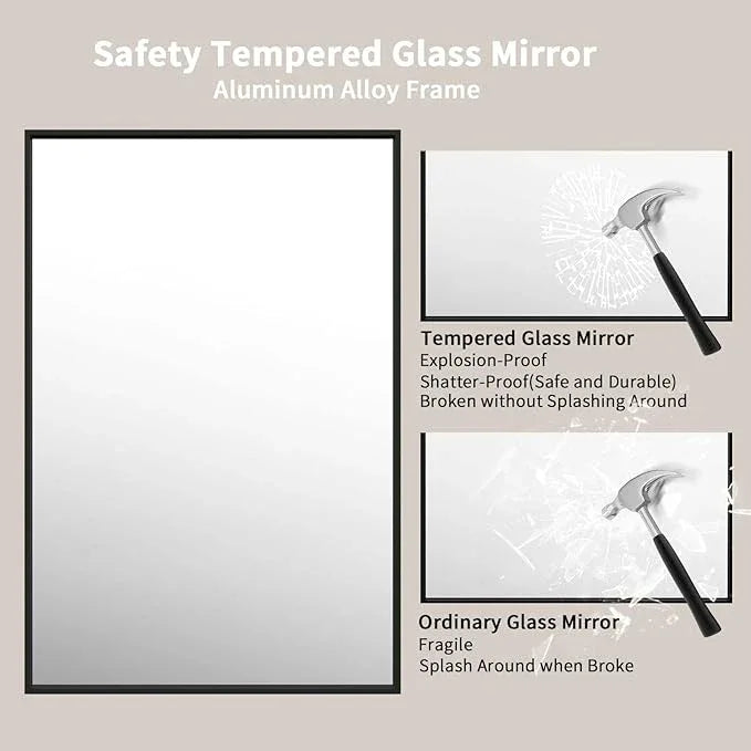 LOAAO 48"X32" Black Rectangle Bathroom Mirror Wall, Matte Black Aluminum Alloy Frame, Tempered Glass, Hangs Vertically or Horizontally, Easy to Install - ModernBath