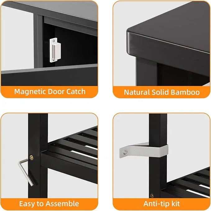 HITNET Black Bathroom Cabinet, Freestanding Storage Cabinet Bamboo Kitchen Floor Cupboard with Door and Shelf, Space Saving Side Storage Organizer for Living Room Bedroom Home Office - ModernBath