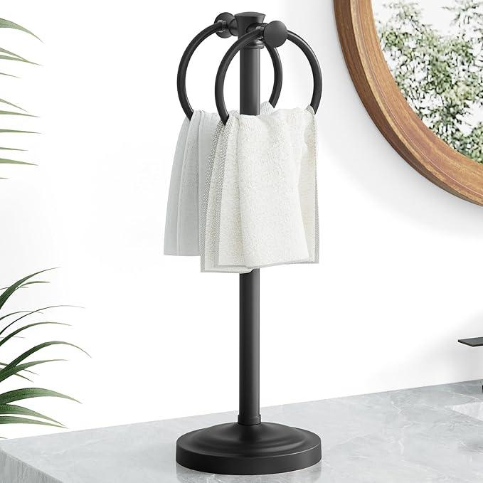 Hoimpro 17" Matte Black Stainless Steel Standing Towel Rack Double Towel Ring Hand Towel Stand Holder, Bathroom Accessories Set Hardware Towel Bar Hanger for Bathroom Vanity and Kitchen Countertops - ModernBath