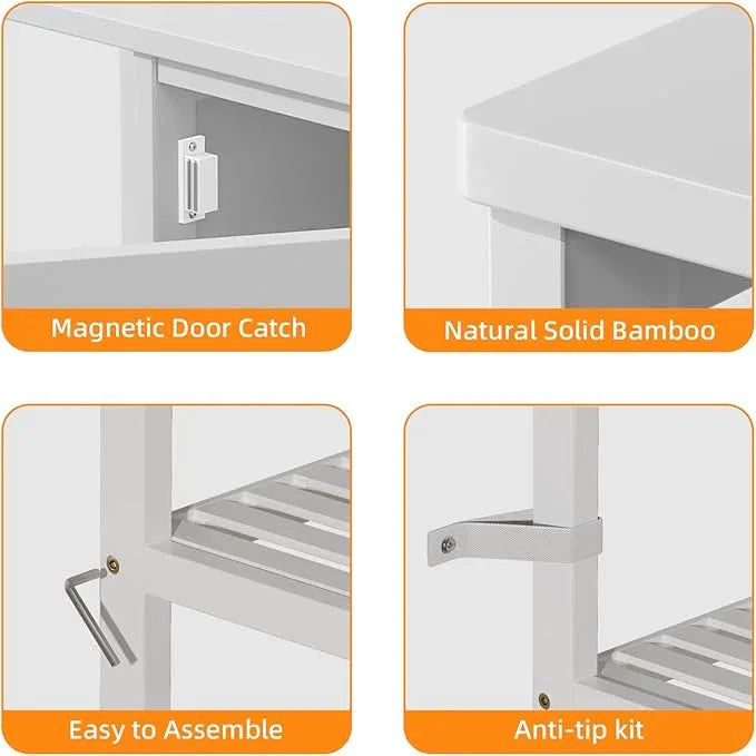 HITNET Bathroom Cabinet Freestanding, Bamboo Floor Cabinet, Side Storage Organizer with Door and 3 Shelves, Living Room Kitchen Cupboard, White - ModernBath