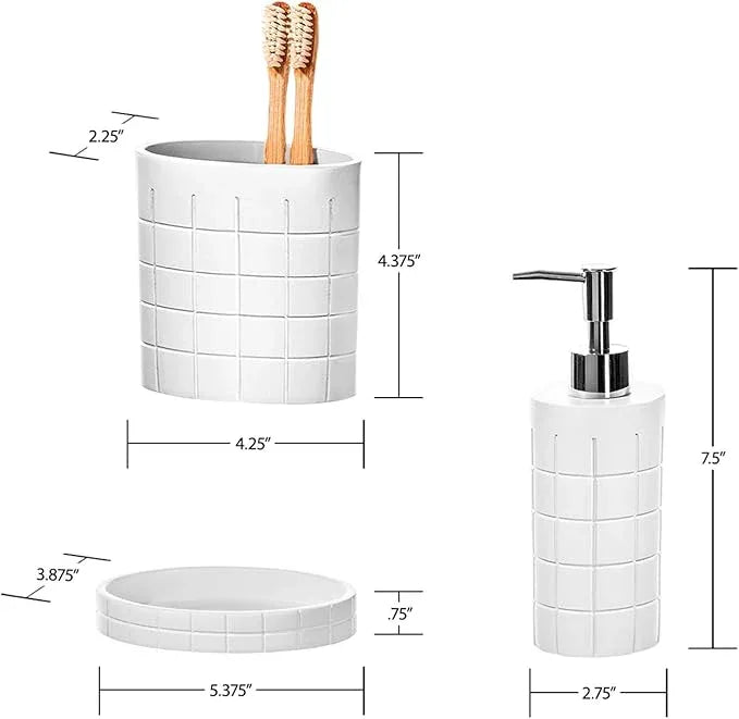 Creative Scents Polar White Bathroom Accessories Set with Trash Can - 6 Piece Bathroom Set Features: Waste Basket, Tissue Cover, Soap Dispenser, Toothbrush Holder, Tumbler and Soap Dish - ModernBath
