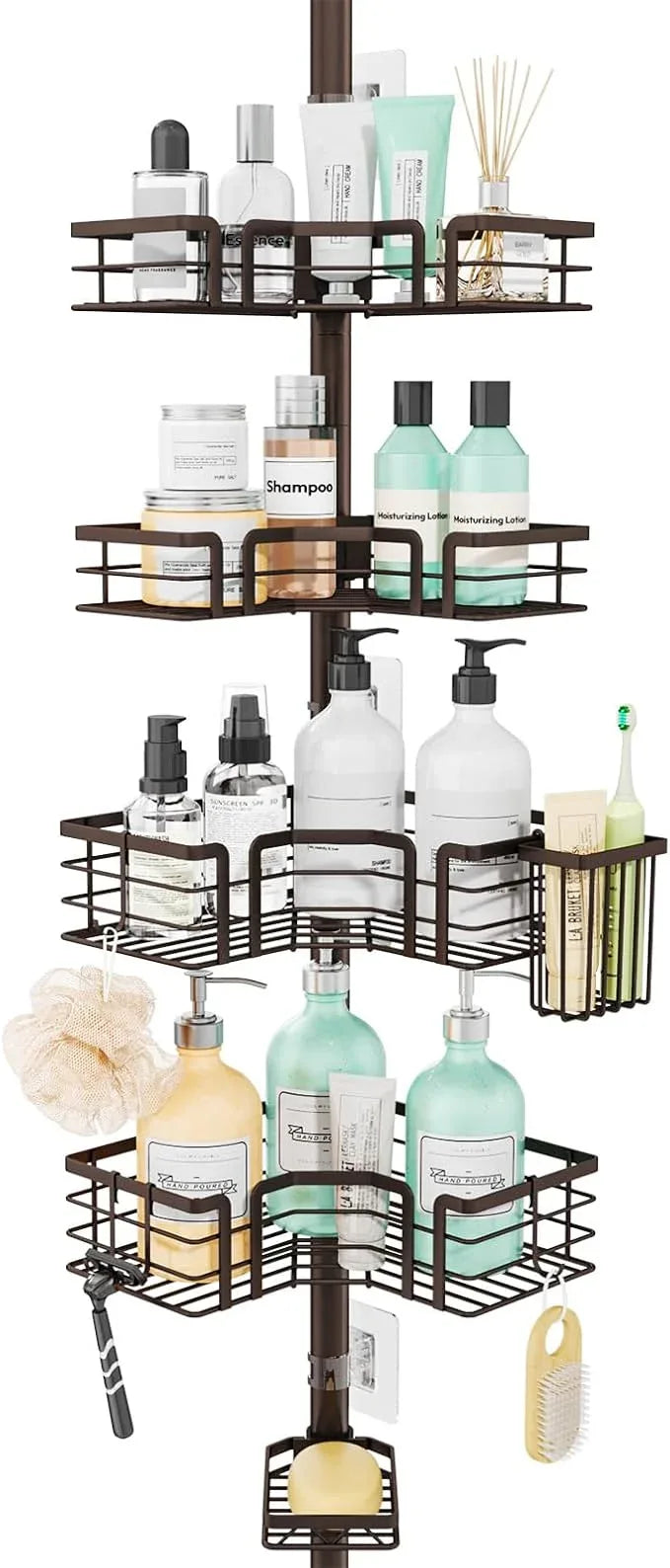 SWTYMIKI Shower Caddy Tension Pole - 4-Tier Corner Shower Organizer Tension Rod with Soap Holder, Toothbrush Holder & 4 Hooks, Adjustable Stainless Steel Bathroom Organizer 27.6 to 108.3 inch, Bronze - ModernBath