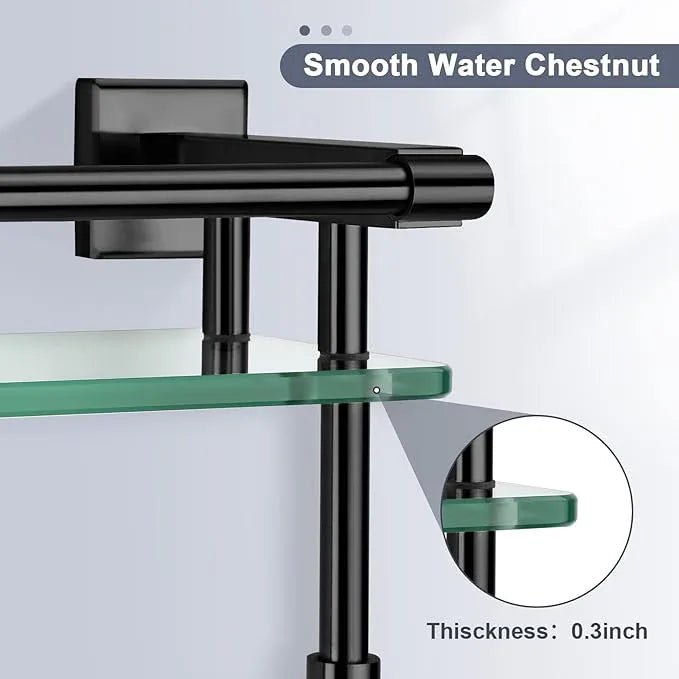20-inch Glass Shelf with Towel bar, Matte Black-Finished Rail, Rectangular Stainless Steel Shelf, Wall-Mounted Storage Rack - ModernBath