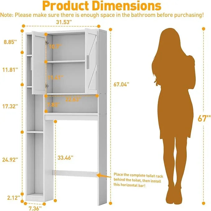 Over The Toilet Storage Cabinet with 7 Storage Shelves, Above Toilet Bathroom Organizer with Toilet Paper Holder Stand, Behind Toilet Cabinet, Space Saver for Restroom, Bathroom, Laundry, White - ModernBath