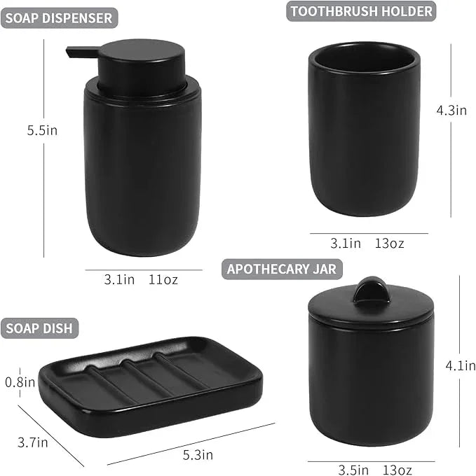 BosilunLife Ceramic Bathroom Accessories Sets - Black Bathroom Vanity Sets Accessories Soap Dispenser Toothbrush Holder Set, Soap Dish and Cotton Swab Jars, Bath Accessories Sets for Bathroom - ModernBath