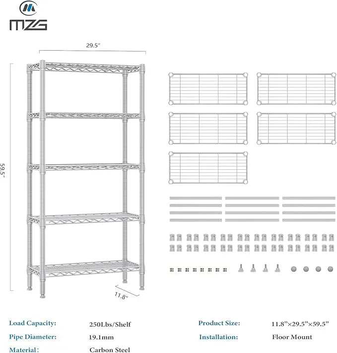 1250 lbs 5 Tier Shelf Metal Storage Shelves Wire Rack Closet Organizers for Garage Kitchen Bathroom Laundry White 11.8" D x 29.5" W x 59.5" H - ModernBath