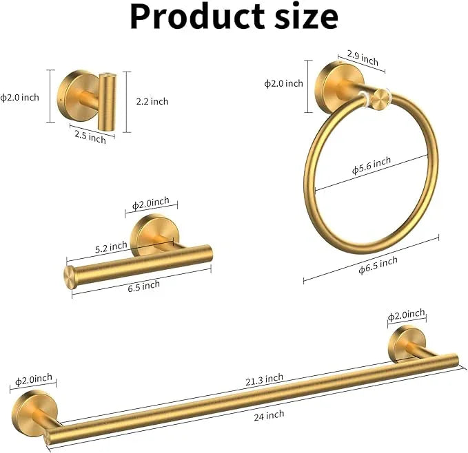 Cilee 8 Piece Brushed Gold Bathroom Hardware Set, 24inch Bathroom Towel bar+Towel Ring+Toilet Paper Holder+ Robe Towel Hook, SUS304 Stainless Steel Bathroom Accessory Set - ModernBath