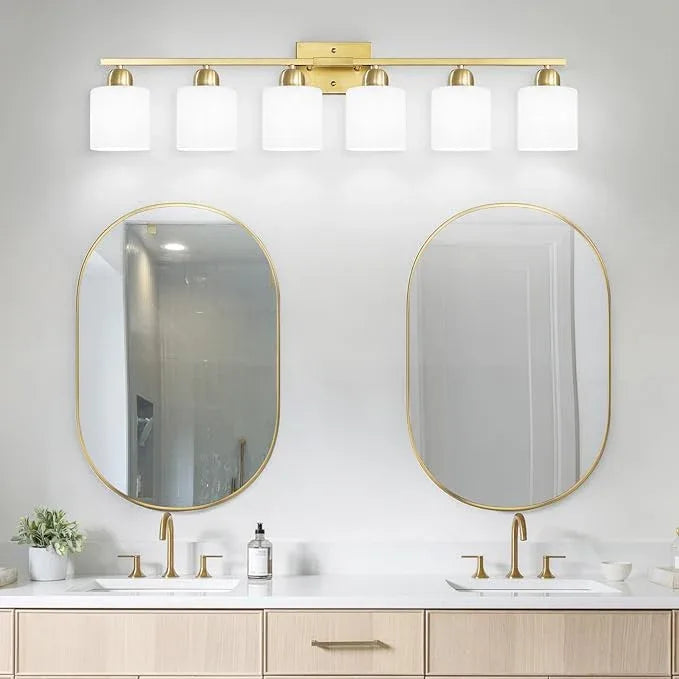 6 Light Gold Bathroom Vanity Light for Large Mirror, Gold Vanity Lights for Bathroom with Milky White Frosted Glass Shades, 38 inch Wall Lamp for Mirrors Living Room E26 Base - ModernBath