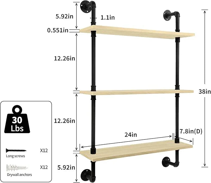 3-Tier Industrial Pipe Floating Shelf – Rustic 24 inch Wood Wall-Mounted Storage Shelf for Kitchen Office,Bathroom & Home Decor -White Oak - ModernBath