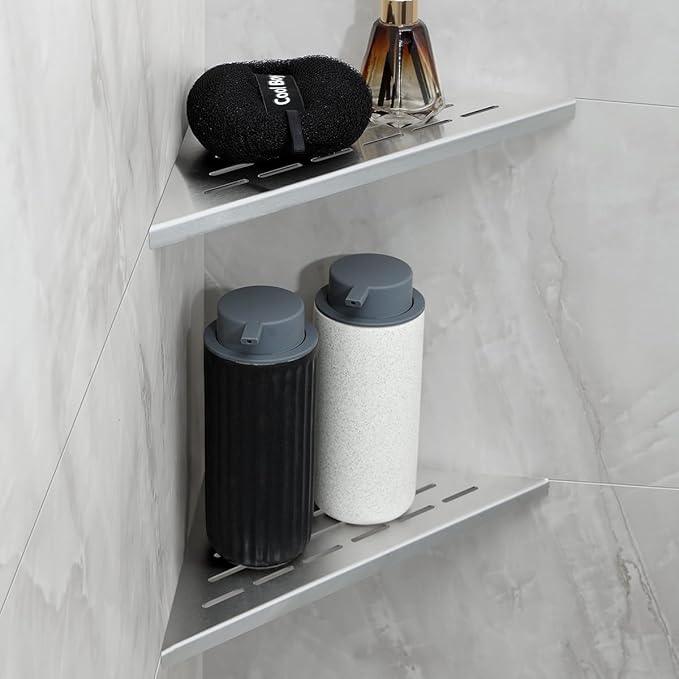 2-Pack 10" Wall Mounted Corner Shower Shelf - No Drilling Recessed Bathroom Shelves, Triangular Shower Caddy Organizer, Rustproof Stainless Steel Shower Shelves for Tiled Walls(Brushed) - ModernBath