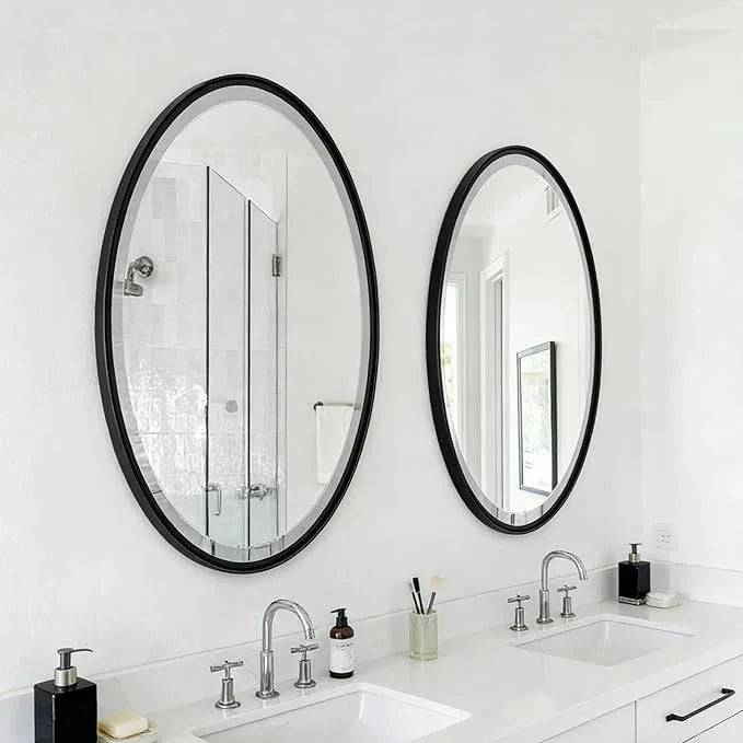 POZINO Oval Beveled Mirror, 24"x36" Bathroom Vanity Mirror for Over Sink, Matte Black Modern Rounded Wall Mirror for Living Room Entryway Bedroom Hallway Fireplace, Hangs Horizontal Or Vertical - ModernBath