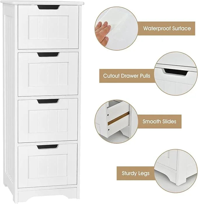 Tangkula Bathroom Floor Cabinet with 4 Drawers, 12 x 12 x 32 Inch, Freestanding Storage for Bath Living Room, Wooden Bathroom Cabinet for Home Office (White) - ModernBath