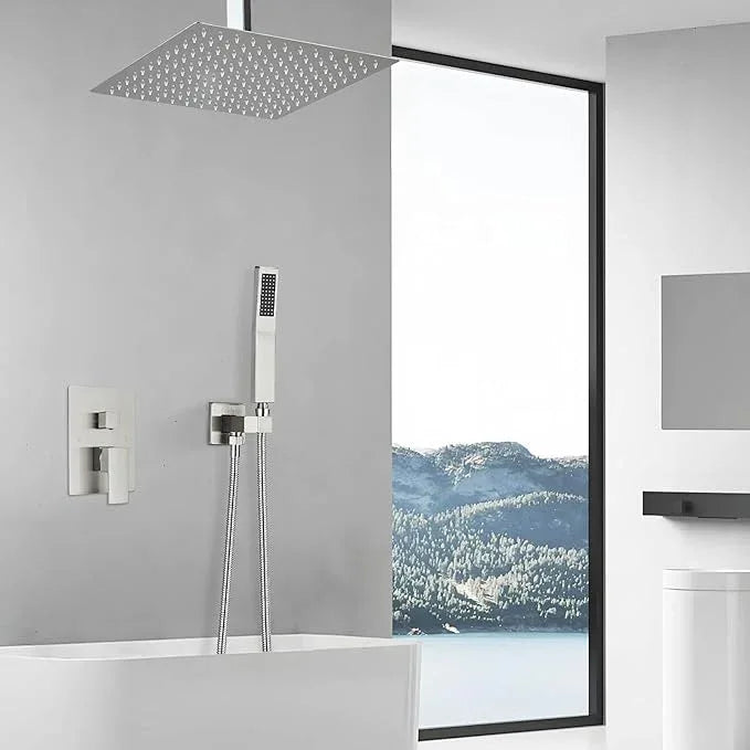 Shower Faucet Set Brushed Nickel Rain Shower System with High Pressure 10 Inches Rain Shower Head and Handheld Spray Bathroom Luxury Rain Mixer Shower Complete Combo Set Ceiling Mounted - ModernBath