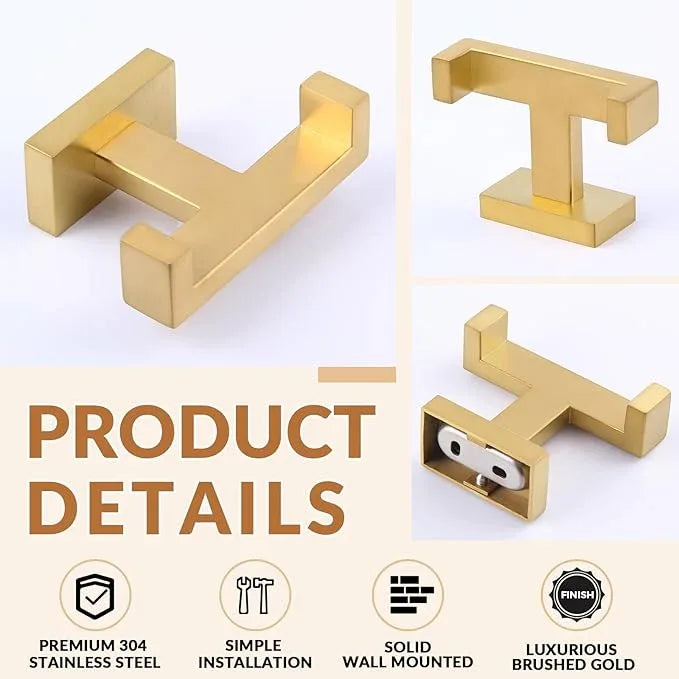 APLusee Double Bath Towel Hook 2 Pack, Solid Stainless Steel Square Dual Coat Holder, Modern Bathroom Kitchen Storage Hanger Wall Mounted, Brushed Gold - ModernBath