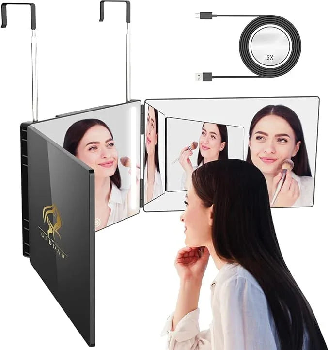 GLDDAO Three Way Mirror for Braiding Hair LED Lighted Trifold 360 Mirror for Women for Braiding Haircuts for Men Self Cut Shaving Barber Hair Cutting Tools - ModernBath