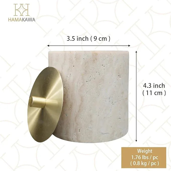 HAMAKAWA Nartural Marble Qtip Holder with Brass Lid, Beige Travertine Cotton Swab Jar, Modern Round Canister, Small Apothecary Storage Jars for Bathroom, Bedroom, Vanity, Kitchen Cabinet - ModernBath