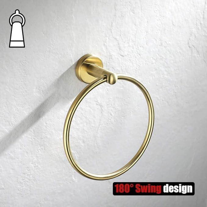 JQK Towel Ring Brass Gold, 304 Stainless Steel Hand Towel Holder for Bathroom, Brushed Gold Wall Mount, TR130-BG - ModernBath