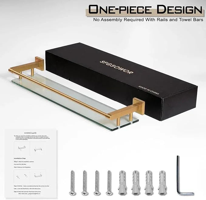 Glass Shelf for Bathroom 24 inch Rectangular Stainless Steel Wall Sheves Tempered Glass Modern Stainless Steel Wall Mount Accessories Organizers Storage (Brushed Gold) - ModernBath