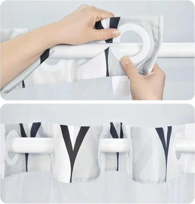 Yiatn No Hook Needed White Shower Curtain with Snap in Fabric Liner Set - Hotel Style with See Through Mesh Top Window, Modern Geometric Waterdrop Design,Water-Repellent & Washable, 71x74 INCH - ModernBath