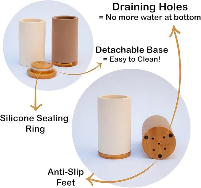 Matani Diatomite & Bamboo Toothbrush Holder - Quick-Drying, Water-Absorbent Stand with Removable Base & Drain Holes for Bathroom Countertop (Beige) - ModernBath
