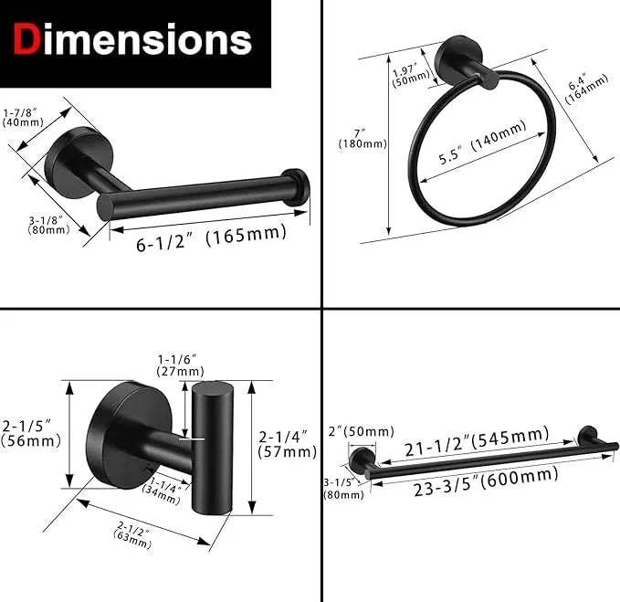 6 Pieces Matte Black Bathroom Hardware Accessories Set, SUS304 Stainless Steel 24 Inch Bath Towel Bar Set, Round Bathroom Towel Holder Set, Towel Racks for Bathroom Wall Mounted - ModernBath
