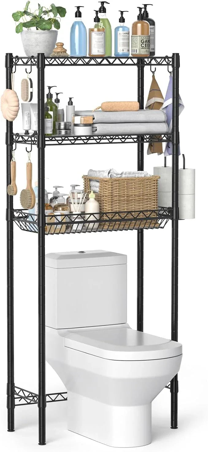 Hodonas Over The Toilet Storage Shelf, Adjustable Bathroom Organizer with Toilet Paper Holder & 8 Hooks, 3 Tier Sturdy Metal Space Saver for Bathroom/Kitchen, Easy Assembly Above Toilet Shelf, Black - ModernBath