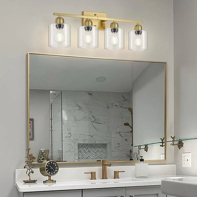 FAISHILAN Modern Brushed Gold 4 Light Bathroom Light Fixtures, 24 inch Vanity Lights for Bathroom with Clear Glass, Bathroom Vanity Light for Mirror Kitchen Living Room Hallway Cabinet Porch - ModernBath