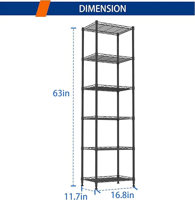 REGILLER 6 Wire Shelving Steel Storage Rack Adjustable Unit Shelves for Laundry Bathroom Kitchen Pantry Closet(Black,11.7" D x 16.8" W x 63" H) - ModernBath